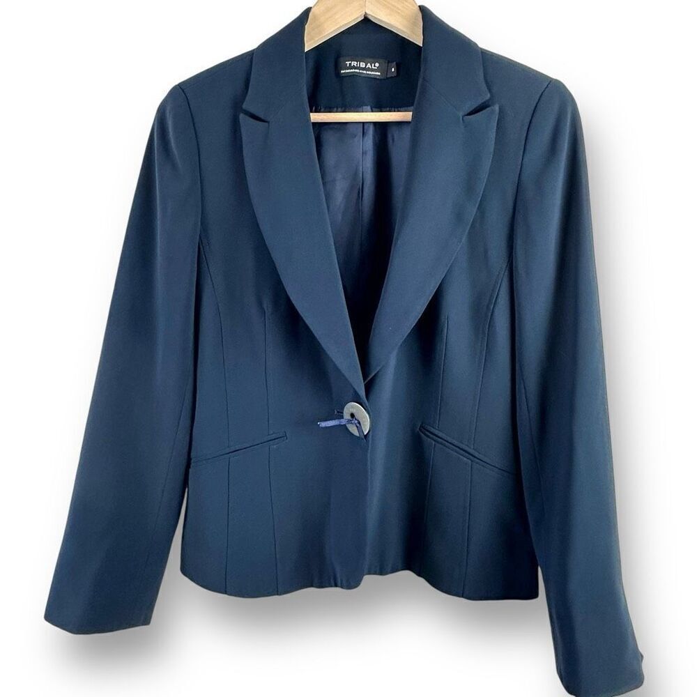 Tribal Women's 8 Oversized Single Button Blazer Jacket Navy Blue Office Academia